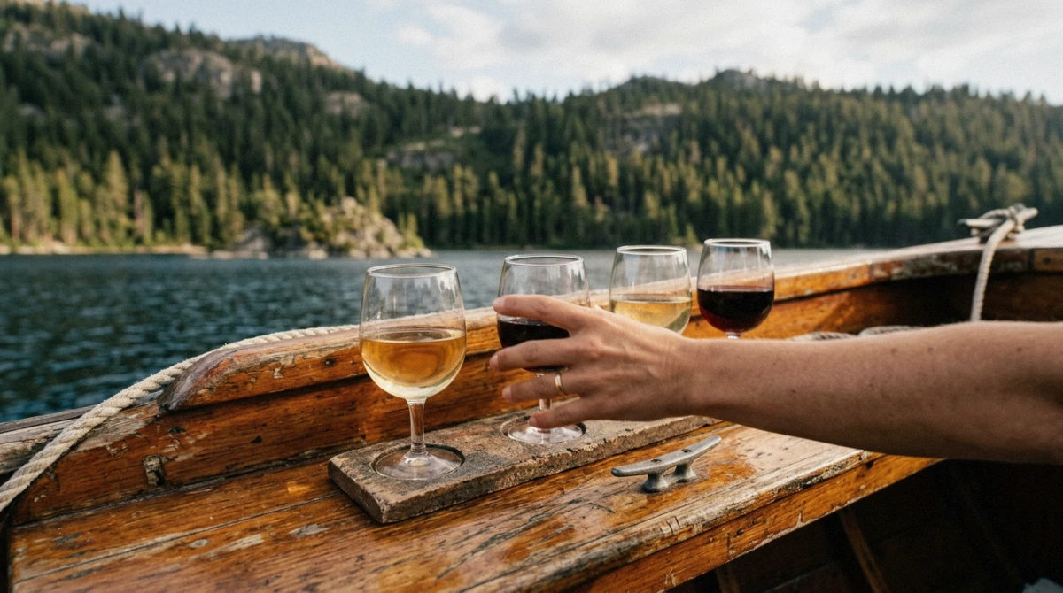 Glasses of white and red wine on the varnished ledge of a small wooden boat, Emerald Bay blurred behind